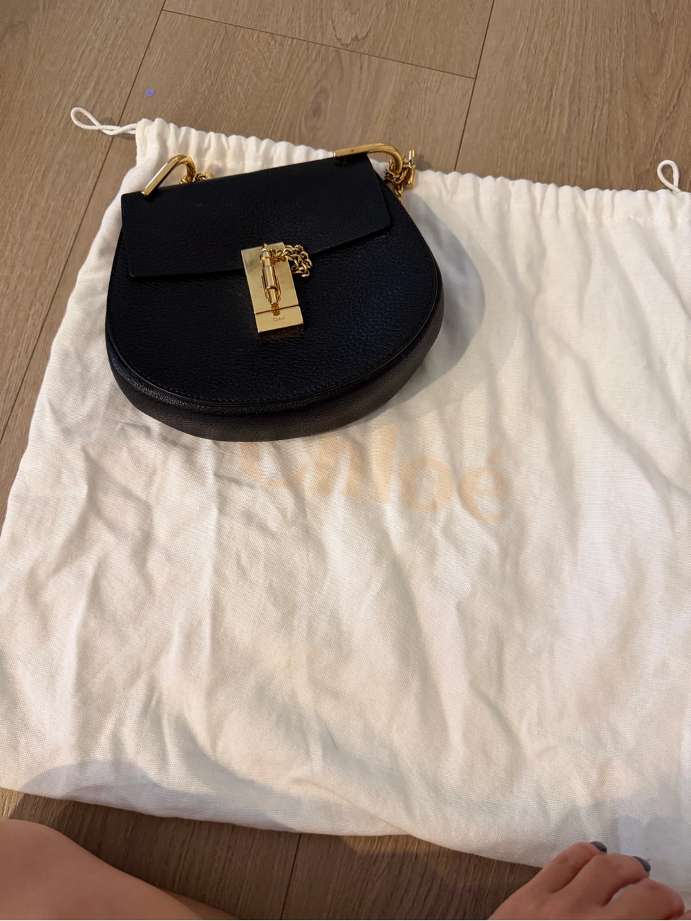 Chloe Small Black Leather Drew Shoulder Bag with Gold Hardware